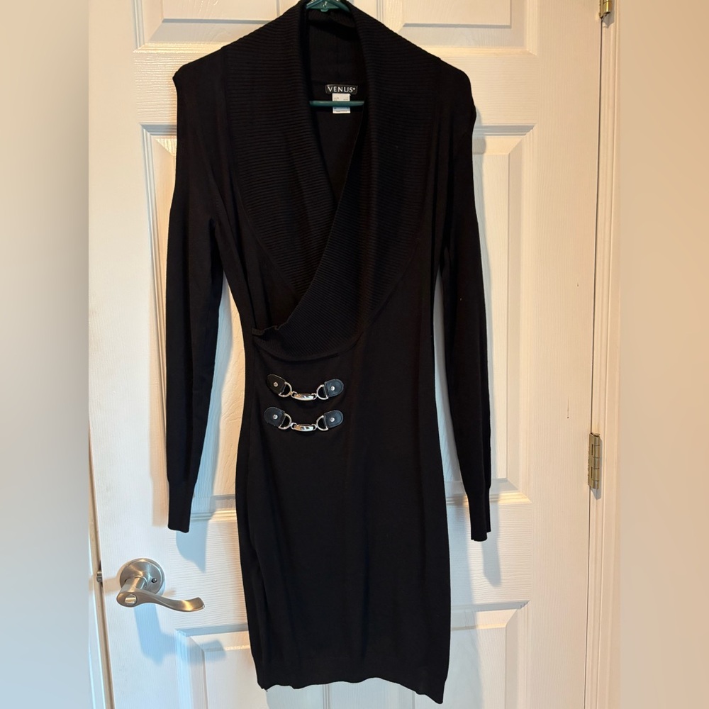 VENUS Black Long Sleeve Dress with Silver Details